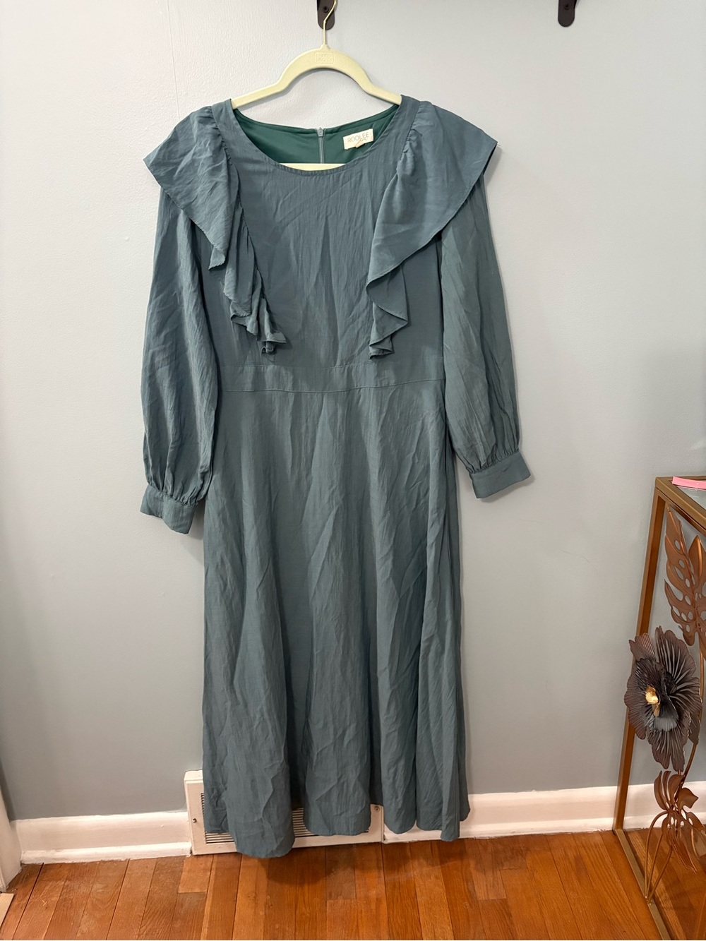 Roolee Mom Long Sleeve Ruffle Midi Dress in Slate Blue - Breastfeeding Friendly